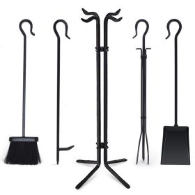 Wrought Iron Fireplace Tools with Decor Holder (Color: Black B)