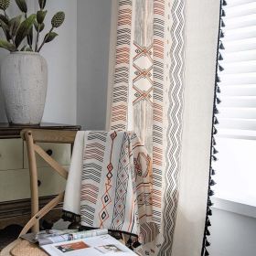 Boho Cream Cotton And Linen Print Sun Shade Non-punched Curtain Fabric (Option: Perforated fringed curtains-W150xH280CM)