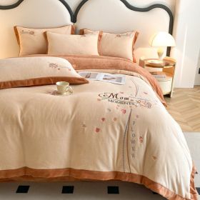 Thickened Thermal Coral Fleece 4-piece Set (Option: Rose Rice Coffee-120cm Bed 3pcs)