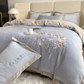 Thickened Thermal Coral Fleece 4-piece Set (Option: Eucalyptus Blue And Gray-200cm Bed 4pc)